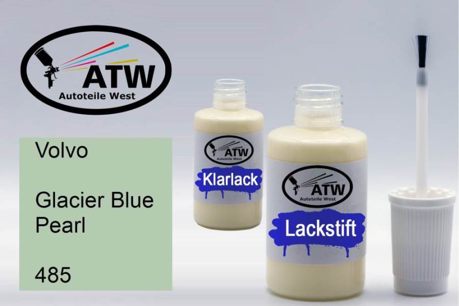 Volvo, Glacier Blue Pearl, 485: 20ml Lackstift + 20ml Klarlack - Set, von ATW Autoteile West.